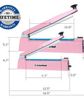 Heavy Duty 8 Inch Impulse Bag Sealer With 2 Mm Seal Width Pro Grade Heat Sealing Machine Includes Extra Replacements And Fuse Pink Finish Great For Food Packaging At Home Or Small Biz, featuring two pink sealers with dimensions and lifetime warranty.
