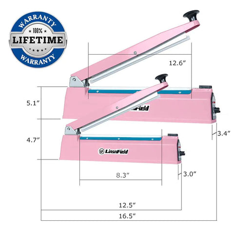 Heavy Duty 8 Inch Impulse Bag Sealer With 2 Mm Seal Width Pro Grade Heat Sealing Machine Includes Extra Replacements And Fuse Pink Finish Great For Food Packaging At Home Or Small Biz, featuring two pink sealers with dimensions and lifetime warranty.