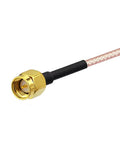 Close-up of a SMA Male to SMA Male RG316 Pro Grade Coaxial Jumper Cable showing the gold connector and pink coaxial wire.