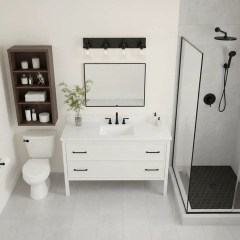 Three Light Matte Black Vanity Light Fixtures For Over Mirror In Bathroom shown above white vanity in modern bathroom setting.