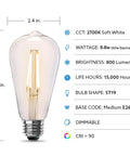 Diagram of ST19 Vintage Edison LED Bulb 60W Equivalent Dimmable Soft White 2700K 800 Lumens E26 Base showing specifications.