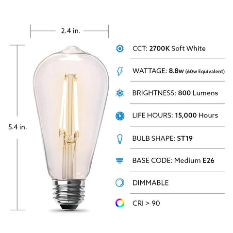 Diagram of ST19 Vintage Edison LED Bulb 60W Equivalent Dimmable Soft White 2700K 800 Lumens E26 Base showing specifications.
