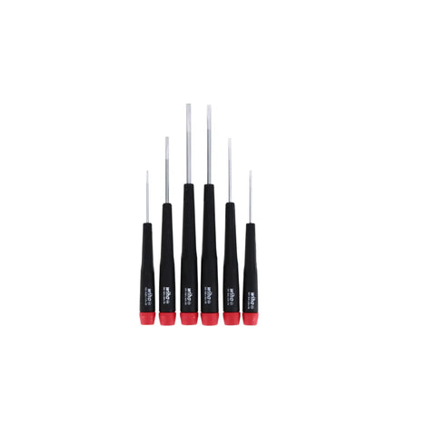 Slotted Screwdriver Set, 6 Piece With Precision Handles, Sizes 1.5mm to 4.0mm, arranged with visible tapered ergonomic handles