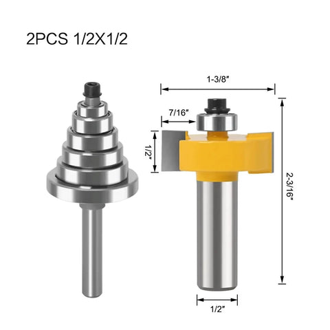 Heavy Duty Rabbet Router Bit Set With 6 Interchangeable Bearings And Multi Shank Tenon Cutter For Smooth Woodworking Projects and Versatile Cut Depths Up To Half Inch, featuring two router bits with varying sizes.