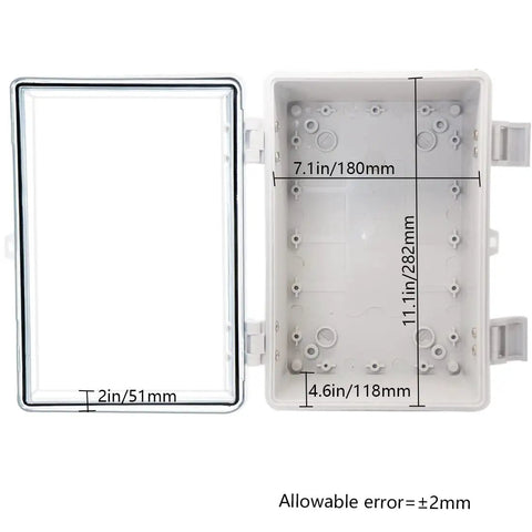 Open view of Outdoor ABS Junction Box IP65 Dustproof Waterproof Electrical Enclosure With Hinged Clear Cover and dimensions.