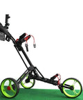 Slick Foldable Three Wheeled Golf Cart Crafted From Solid Aluminum Alloy with smooth rolling wheels on green surface.