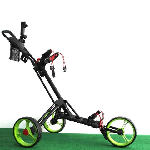 Slick Foldable Three Wheeled Golf Cart Crafted From Solid Aluminum Alloy with smooth rolling wheels on green surface.