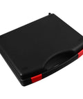 Heavy Duty Portable Plastic Toolbox With Rugged Carry Handle For Hand Tools And Repair Gear Multipurpose Storage Crate black closed with red latches