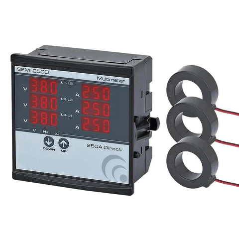 Three Phase Digital Multimeter With Three Current Transformers, Reads L-L And L-N Voltage, Amps, Frequency, Phase Sequence, 250A Range