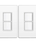 Double Rocker Light Switch In Wall Dual Decorator, UL Listed, 15A 120-277V, Space Saving Design With Included Decor Wall Plate, White Finish, Two Switches For Separate Light Control. Front view of white double rocker switch with decor wall plate