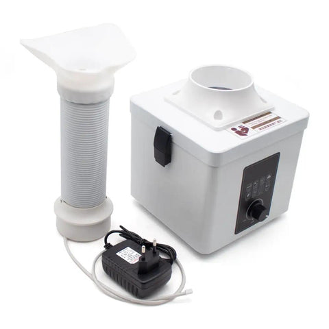 Compact Desktop Solder Fume Extractor With Dual Stage Air Purifier featuring flexible hose and power adapter for effective fume removal.