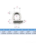 Diagram of Bow Shackle 1/4 Inch, 5/16 Inch, 3/8 Inch High Strength Carbon Steel Screw Pin Anchor Shackle with measurements