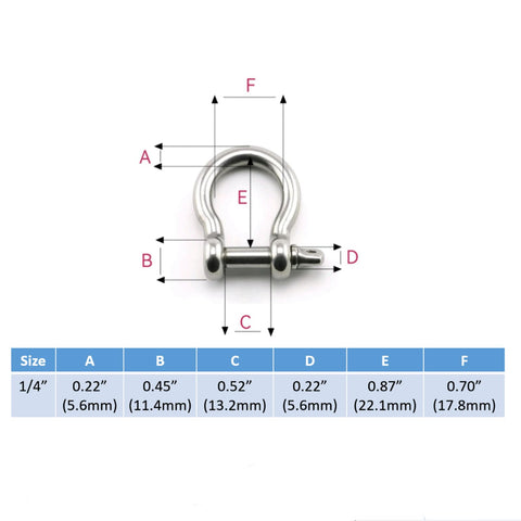 Diagram of Bow Shackle 1/4 Inch, 5/16 Inch, 3/8 Inch High Strength Carbon Steel Screw Pin Anchor Shackle with measurements