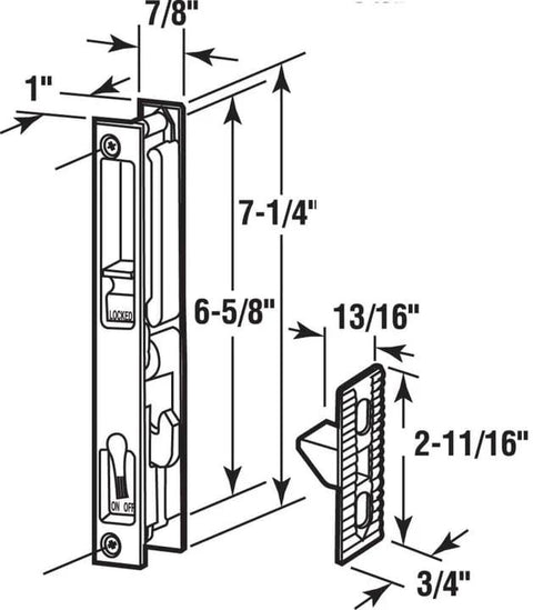 Sliding Glass Patio Door Handle Set Flush Mount Non-Keyed With 6-5/8 Inch Screw Hole Centers White DL-502 dimensions diagram