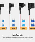 Four fuse tap sets with micro, mini, small, and medium sizes for Usb C 4A Hardwire Kit 11.48ft for Dash Cams