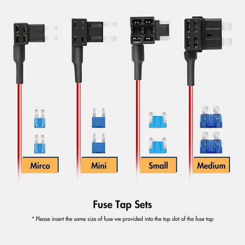 Four fuse tap sets with micro, mini, small, and medium sizes for Usb C 4A Hardwire Kit 11.48ft for Dash Cams