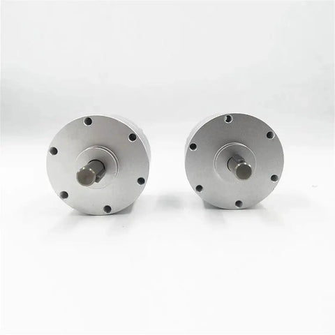 Two heavy duty rotary actuator vane pneumatic cylinders, built tough, for smooth rotate 90 180 270 degrees, industrial air control.