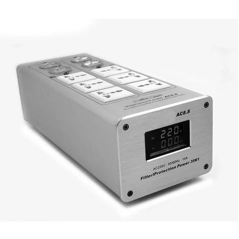 3000 Watt 15 Amp AC Power Purifier And Line Conditioner With Square Lcd Panel, silver trim, side view with outlets and display.