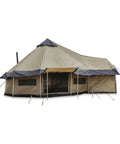 Base Camp Tent For All Weather Adventures With Stove Jack Four Season Camping For Hiking And Hunting Ultra Spacious 14 Ft Diameter Shelter With 10 Ft Center Height For Standing Room And Your Camp Crew, beige tent with multiple windows and entrance.
