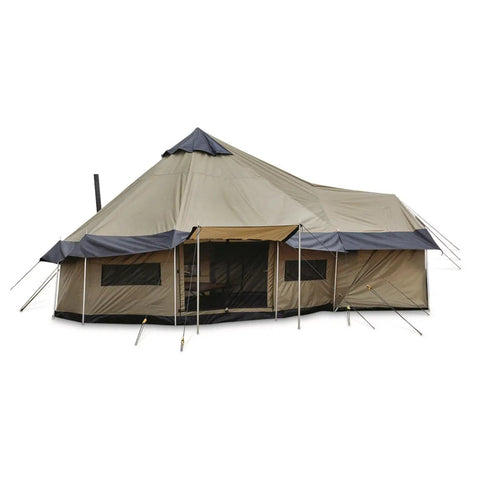 Base Camp Tent For All Weather Adventures With Stove Jack Four Season Camping For Hiking And Hunting Ultra Spacious 14 Ft Diameter Shelter With 10 Ft Center Height For Standing Room And Your Camp Crew, beige tent with multiple windows and entrance.