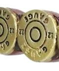 Close-up of Killer Rustic Western 12 Gauge Shotgun Shell Bar Pulls For Cabinets And Drawers Hella Tough Ammo Casing Hardware.
