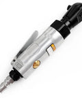 Knockout Heavy Duty 90 Degree Air Ratchet Wrench With 1/4 And 3/8 Inch Drive in aluminum, designed for tight spaces and garage use.