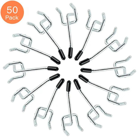 Sturdy L Shaped 2 Inch Galvanized Pegboard Hooks 50 Pack With Rubber Tips Tough As Nails Heavy Duty Metal Hooks For 1/4 And 1/8 Pegboard Rust Resistant Ideal For Garage Office Kitchen And Store Use Silver arranged in a circular pattern.