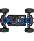 Bottom view of LaTrax Desert Prerunner 1 By 18 Scale 4WD Electric Truck RTR Blue Beast with aluminum driveshaft and monocoque chassis