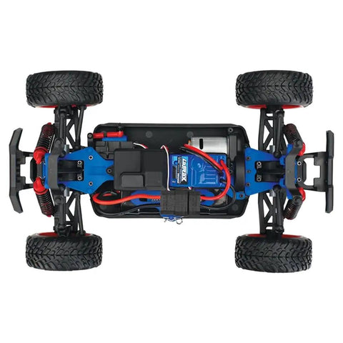 Bottom view of LaTrax Desert Prerunner 1 By 18 Scale 4WD Electric Truck RTR Blue Beast with aluminum driveshaft and monocoque chassis