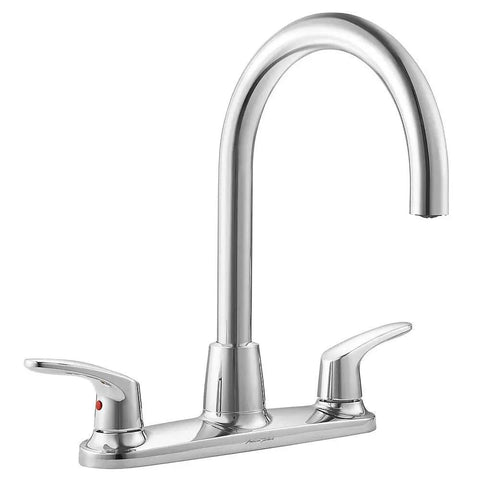 Two-Handle High Arc Kitchen Faucet Colony Pro 8-Inch Triple-Hole Mount ADA Compliant Lead-Free Metal Construction No-Drip Ceramic Disc Valves Polished Chrome Finish Easy Install Flexible Setup Options