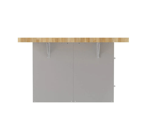 Heavy Duty 12 Bay Locker Workbench Station, Gray Baked Enamel Steel Frame With Solid Hardwood Top, 64x54x33 Shop Table, side view with gray panels and wood top.