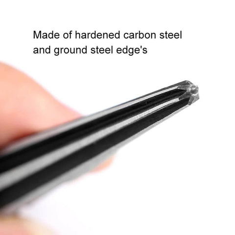 Close-up of six-flute tip of Bridge Pin Hole Reamer, Tapered 5 Degree, for Acoustic Guitars with carbon steel construction.