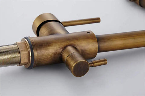 360-Degree Rotating Antique Bronze Kitchen Faucet Water Purifier 3-Way Dual Filter Tap close-up of faucet handle and spout.