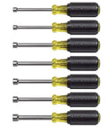 Metric Nut Driver Set 5mm 5.5mm 6mm 7mm 8mm 9mm 10mm With Pass Through Hollow Shafts and 3 Inch Chrome Plated Tips 7 Piece Hand Tool Kit for Quick Hex Tightening USA Made displayed in a row