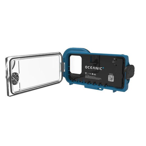 Open Underwater iPhone Dive Housing With Digital Color Correction, showing empty interior, for deep sea photography.