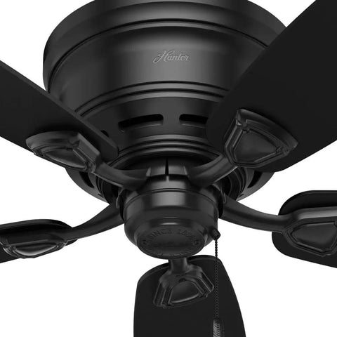 Close-up of Low Profile 48 Inch Ceiling Fan No Light For Indoor Or Outdoor Use Damp Rated Flush Mount Matte Black With Five Blades Sea Wind 53118