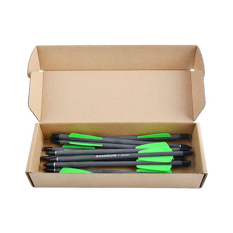 Carbon Crossbow Bolts For Hunting And Practice, 7.5 Inch Arrows With 2 Inch Vanes, open box view of green vanes
