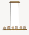Six Light Retro Pendant Chandelier With Adjustable Chain Sleek Modern Hanging Lamp with geometric glass shades and gold accents.