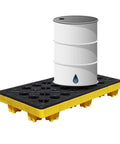 Heavy Duty Modular Oil Spill Containment Tray with a white barrel on a stackable yellow grate for fluid management.