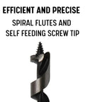 Close-up of Thirteen Sixteenths Inch Long Wood Auger Drill Bit with self-feeding screw tip in high carbon steel for deep clean holes.