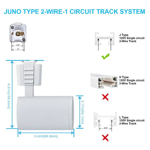 Arcfox Dope 7W LED Track Lighting Heads 4000K Dimmable J Type Rail with diagram showing 2-wire single circuit system