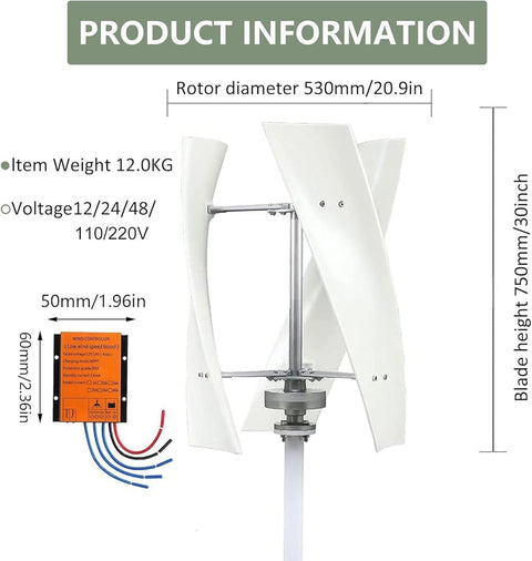 Compact Vertical Wind Turbine Kit With Charge Controller For Home, Boat And Worksite Power, 48V White Helix Design