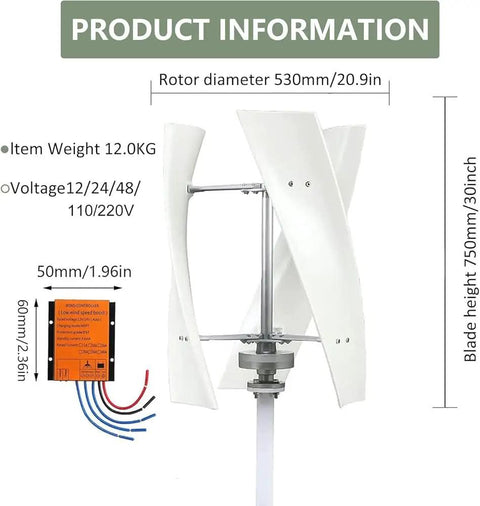 Portable Wind Generator Kit With Charge Controller 48V Helix Design for Home Marine and Industrial Use diagram showing measurements