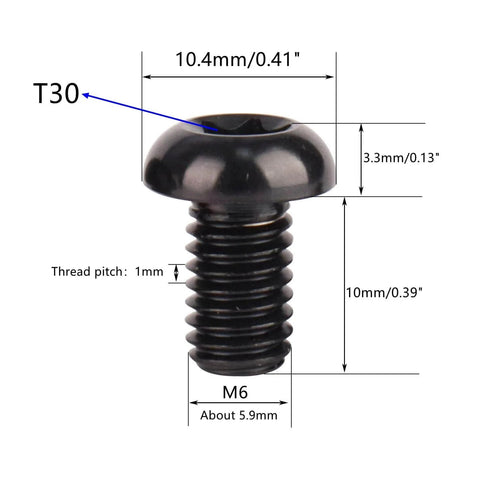 Beefed Up Titanium M6x10mm Torx Screws With T30 Torx Head, 1.0mm Pitch, Black Finish, Dimensional Diagram