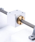 Close-up of T8 Lead Screw Set for 3D Printers and CNC Machines, featuring an 8mm stainless steel lead screw with brass nut and housing bracket in silver.