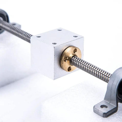 Close-up of T8 Lead Screw Set for 3D Printers and CNC Machines, featuring an 8mm stainless steel lead screw with brass nut and housing bracket in silver.
