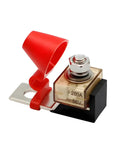 Heavy Duty 200A Battery Terminal Fuse Block Kit Waterproof 58V Fuse Mount shows a fuse holder with a red cover, stainless studs.