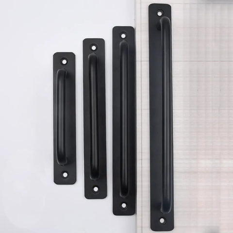 Set of black cabinet handles in four sizes on a white and wood background, similar to Gold Aluminum Alloy Cabinet Handles And Knob Set