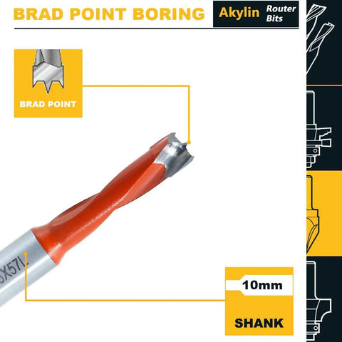Precision Brad Point Boring Bits And Dowel Drill Bits 8mm X 57mm with sharp carbide tips and 10mm shank for clean recesses.