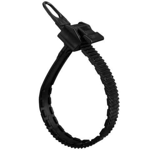 Close-up of black adjustable strap from 8 Piece Cradle Ratchet Strap Kit For Bike Racks And Roof Carriers, heavy-duty